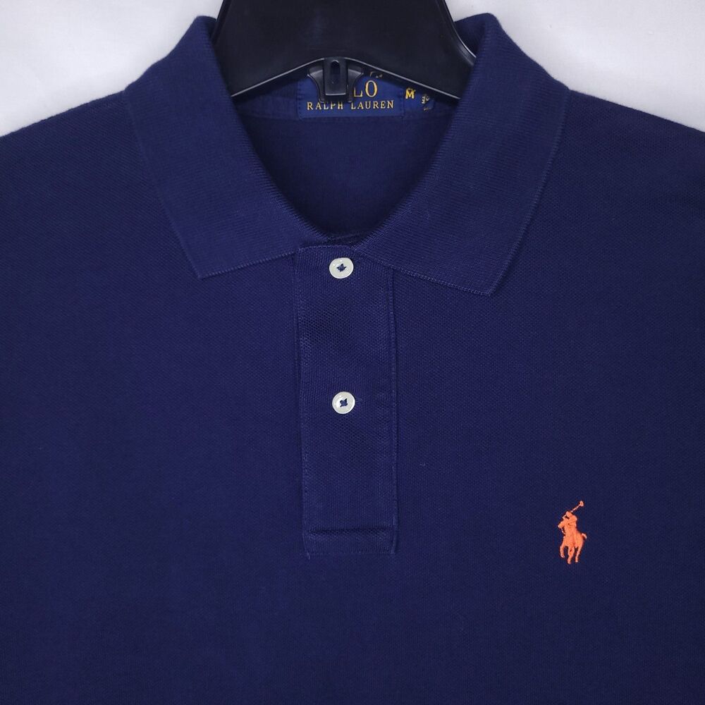Ralph Lauren Polo Shirt Mens Medium Navy Blue Orange Pony Short Sleeve